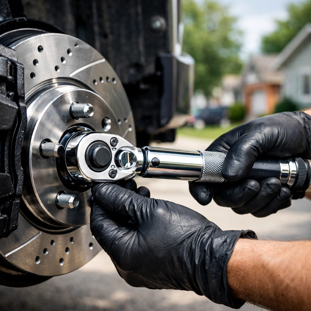 Professional mobile mechanic performing expert brake repair on a residential street in Green Bay.