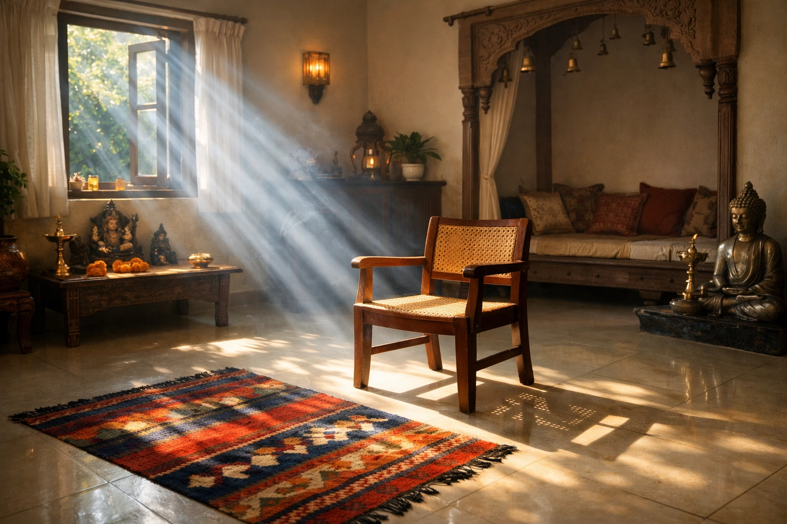 A sunlit Indian living room symbolizing the freedom of private prayer and home worship.