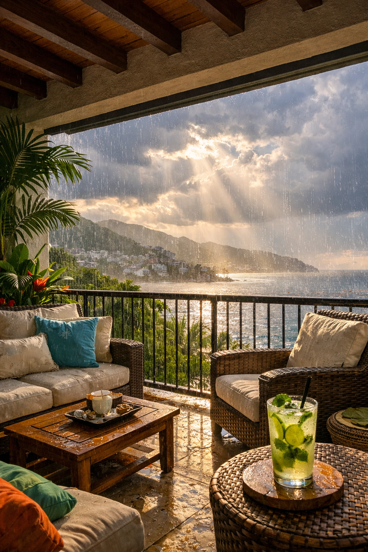 Covered balcony at Puerto Vallarta condo during rainy season with ocean views