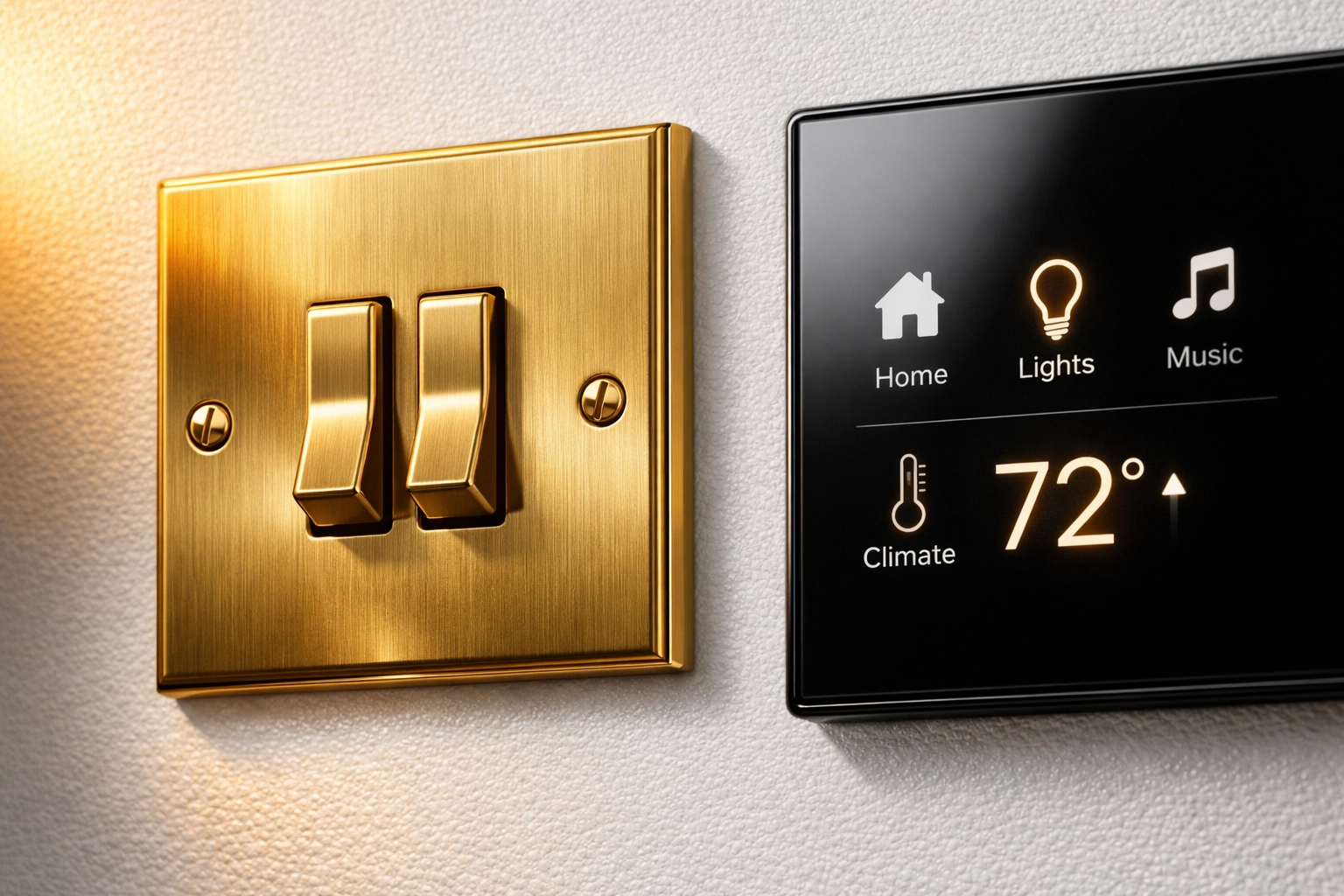 Clean brass light switch and smart panel in a Foxborough home, sanitized for high-touch hygiene.