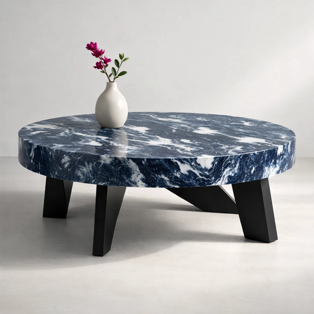 Modern coffee table with a navy and white marbled recycled plastic top, showcasing sustainable furniture in Australia.