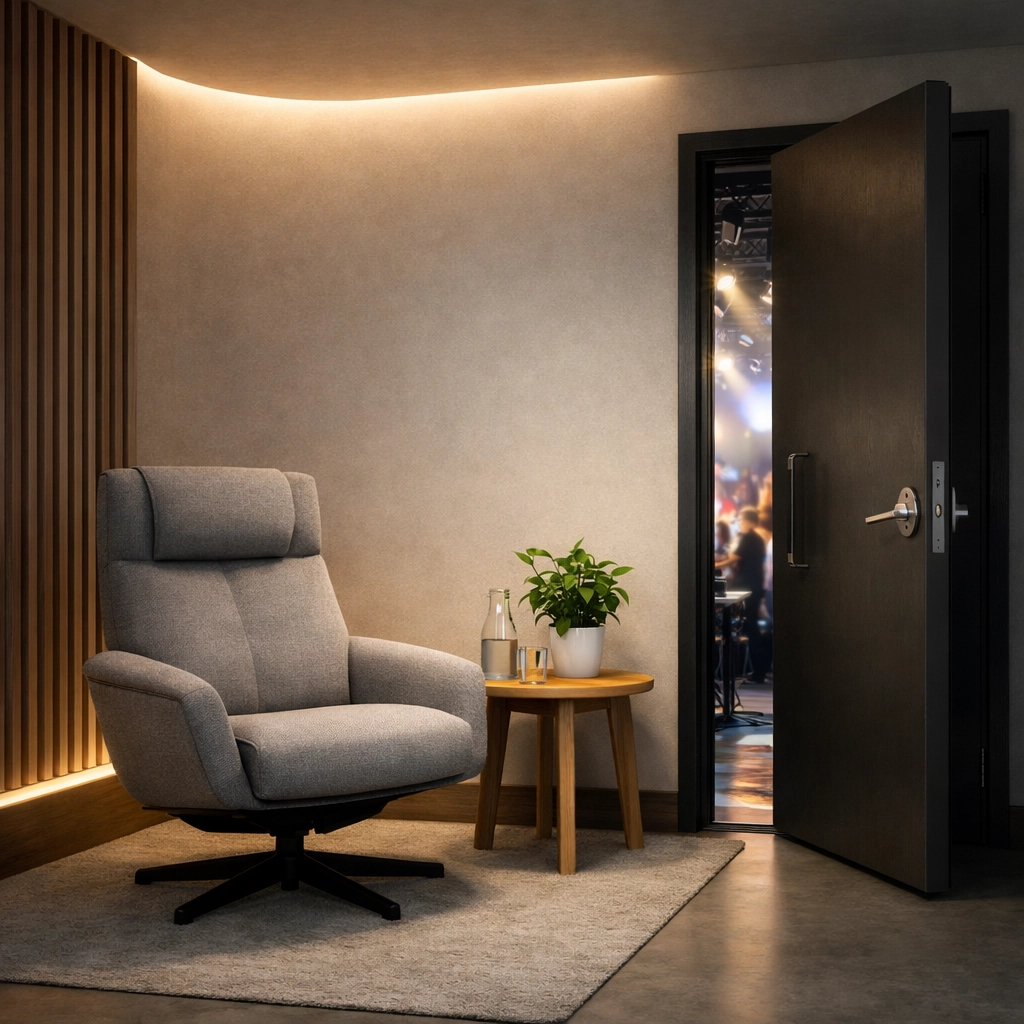 A serene backstage sanctuary nook used for stress management for creatives and event team recovery.