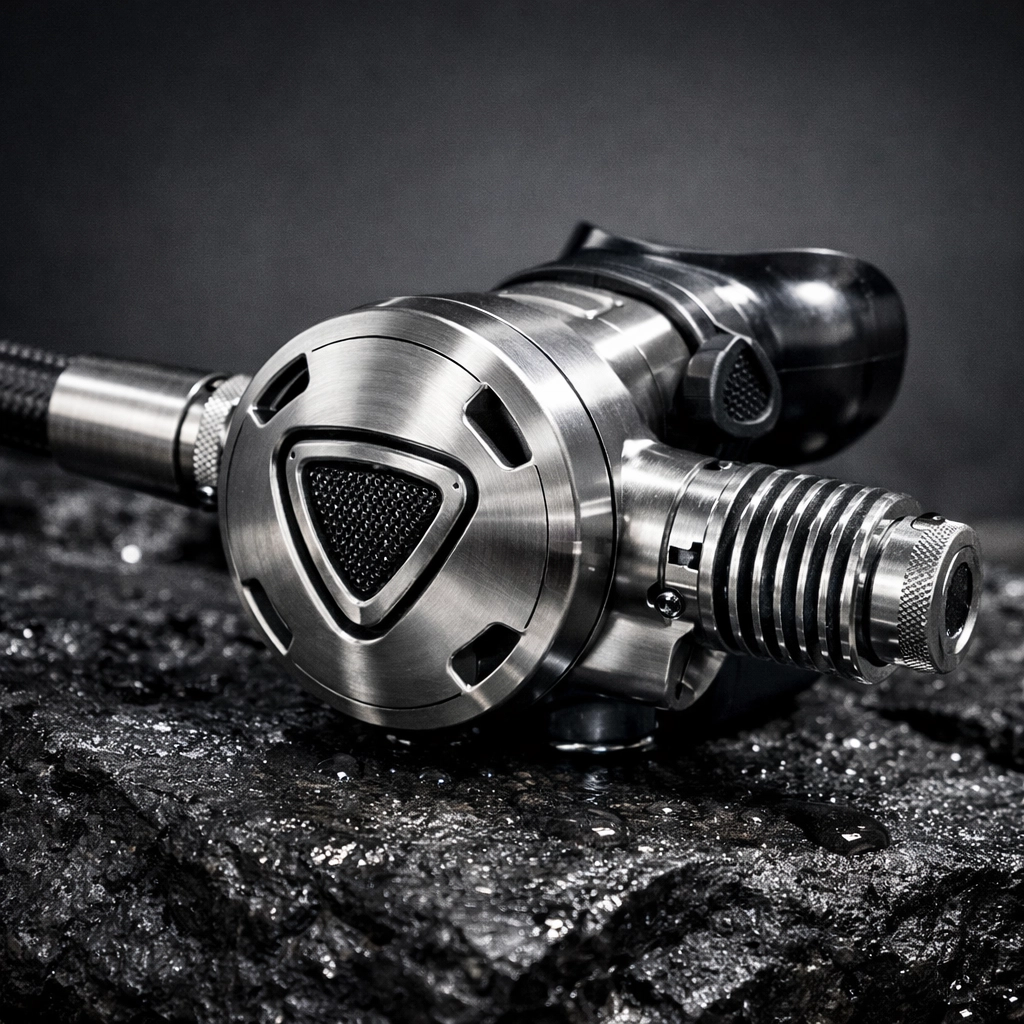 Hochwertige zweite Stufe aus Metall mit Wärmetauscher für das Tauchen im Winter.