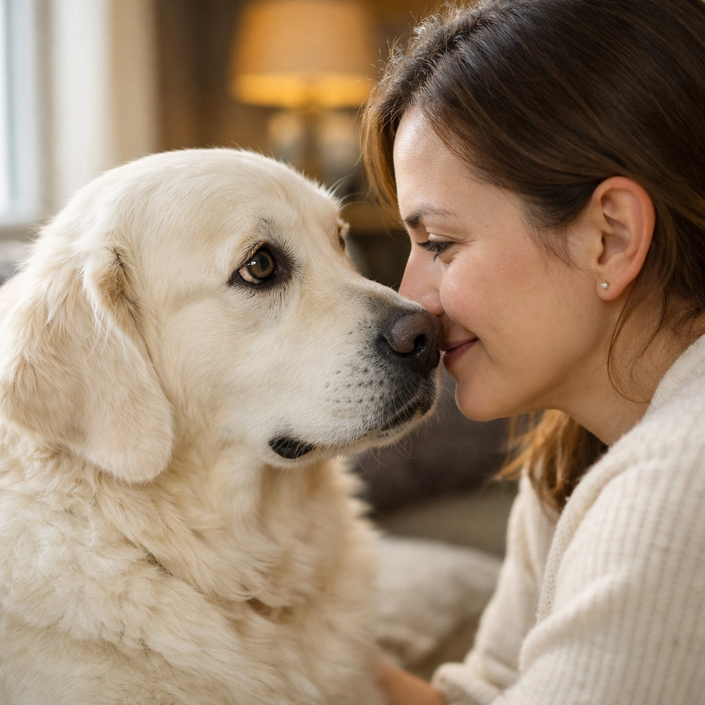 Golden Retriever and owner making eye contact showing emotional bond and mutual gazing behavior