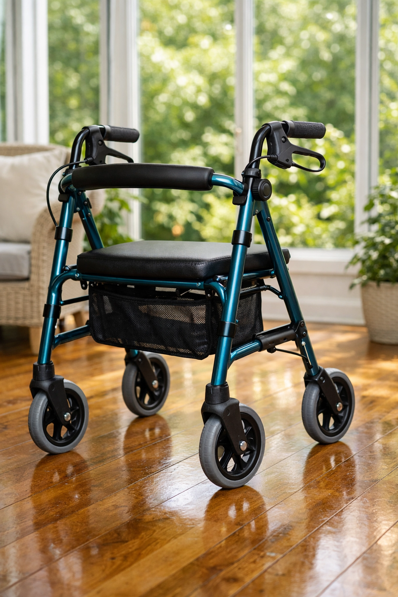 A modern teal rollator walker with a seat and hand brakes in a sunlit room for senior stability.