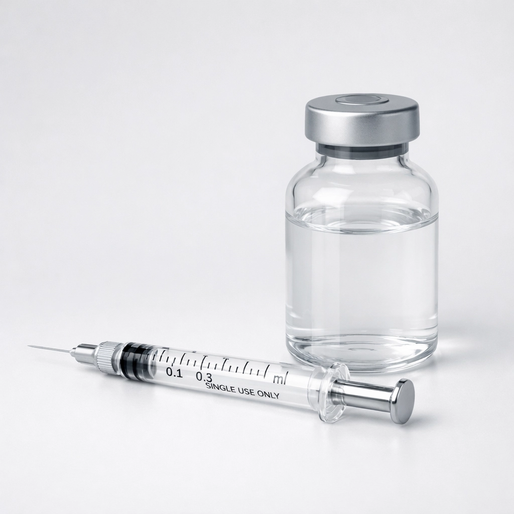 Research syringe next to bacteriostatic water bottle for precise peptide calculator dosing.