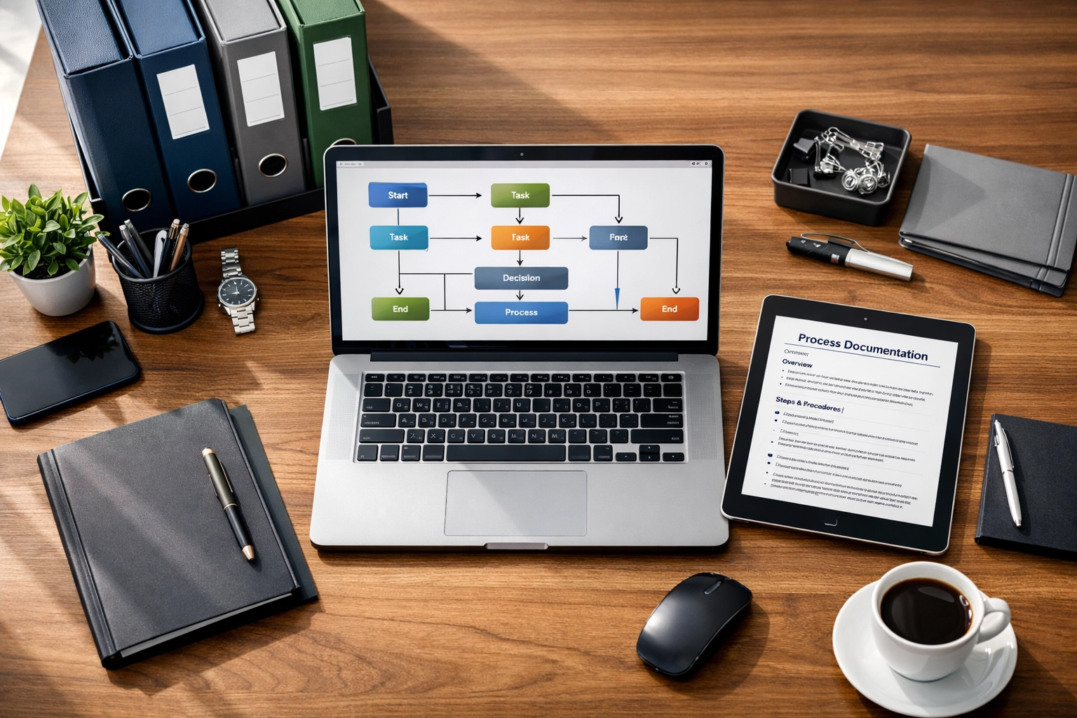 Organized business workspace with laptop displaying workflow systems for scaling operations