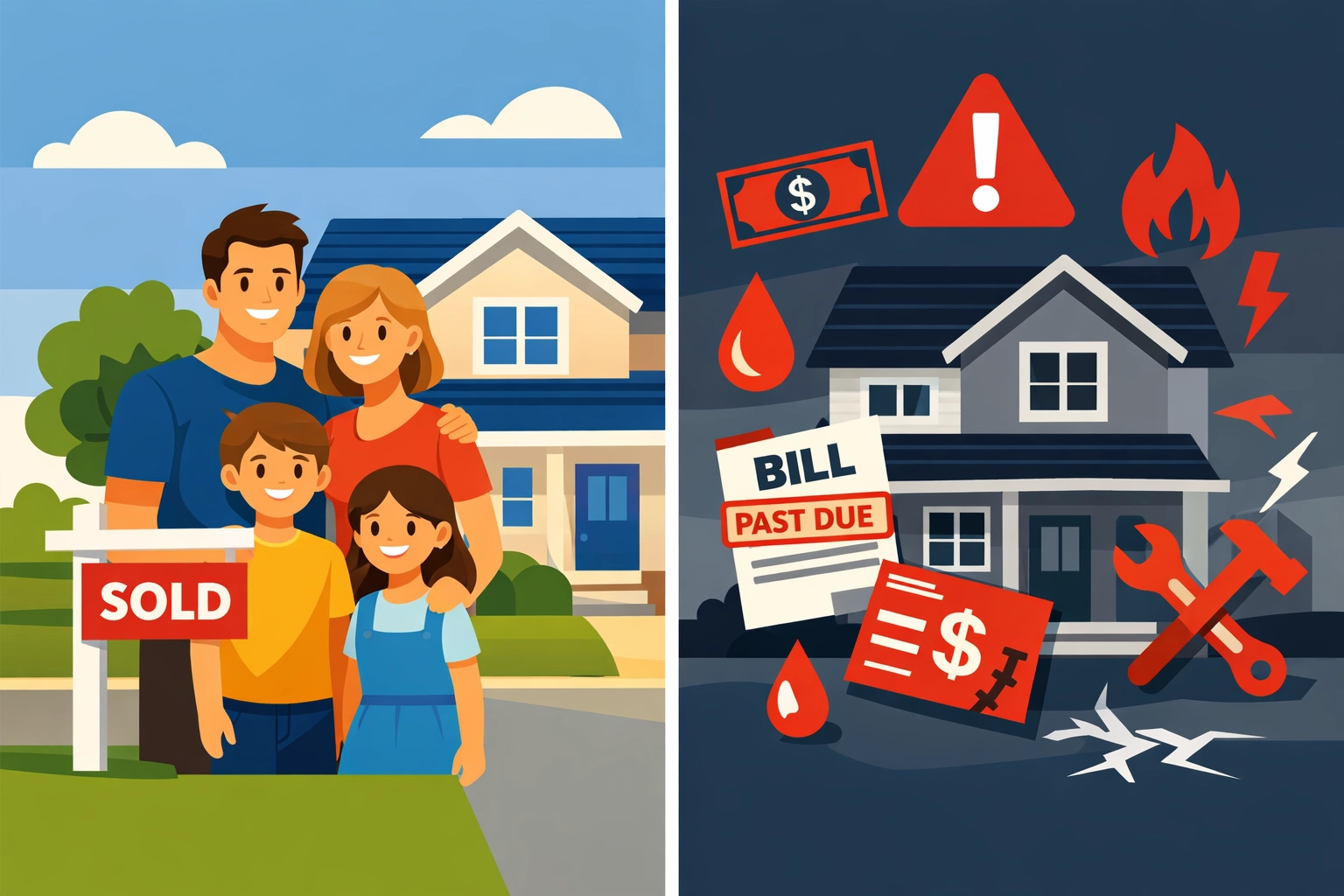 Split view comparing homeownership dream versus reality of ongoing housing costs and expenses