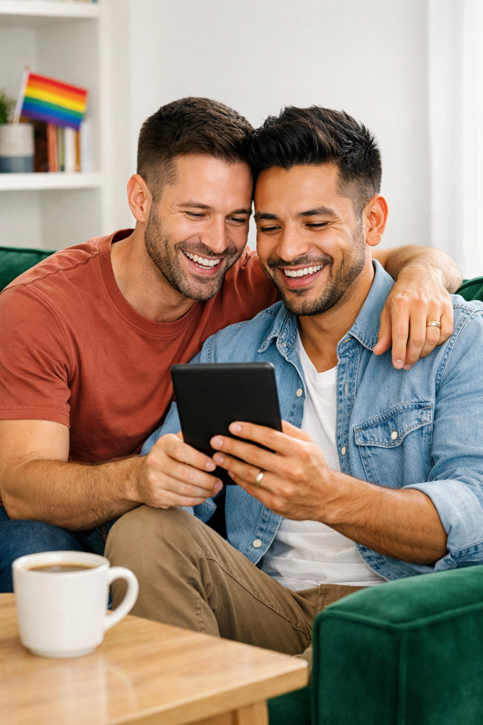 A happy gay couple reading an LGBTQ+ ebook together on a sofa, representing the joy of queer literature.