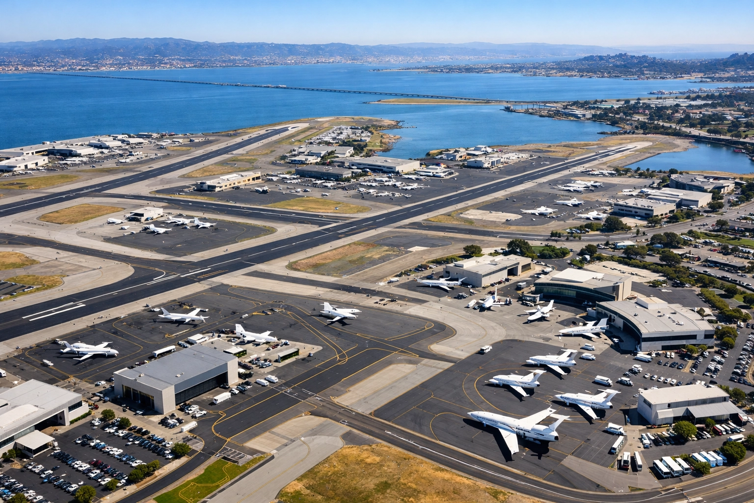 Press Release Aerial view of Bay Area airports with private jets showing strategic airport selection options