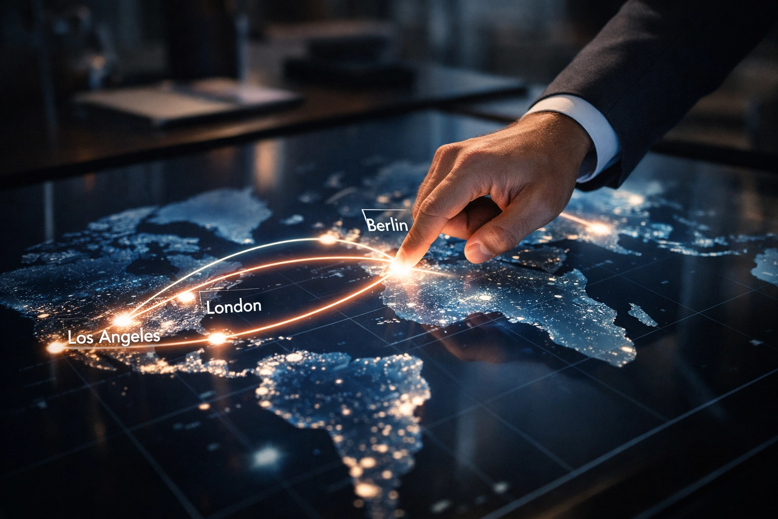 Professional using a digital map to plan international music industry expansion and networking.