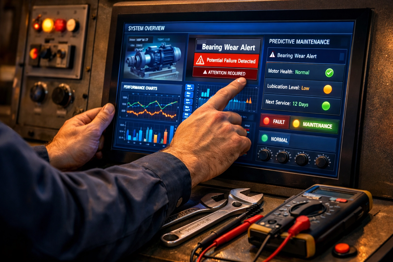 Predictive maintenance control panel showing analytics data and equipment monitoring alerts