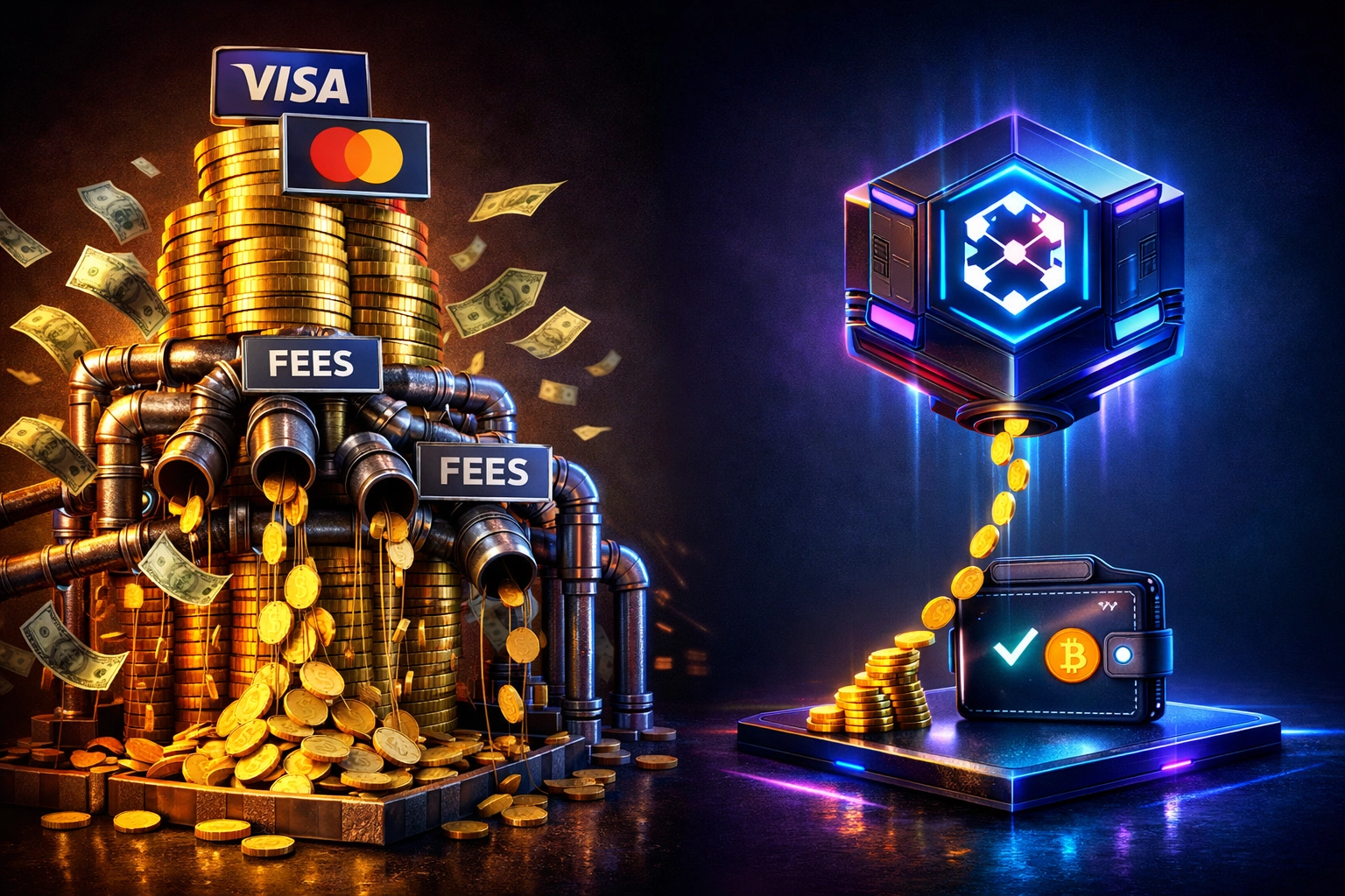 Traditional payment processing fees vs blockchain crypto payments comparison showing cost savings