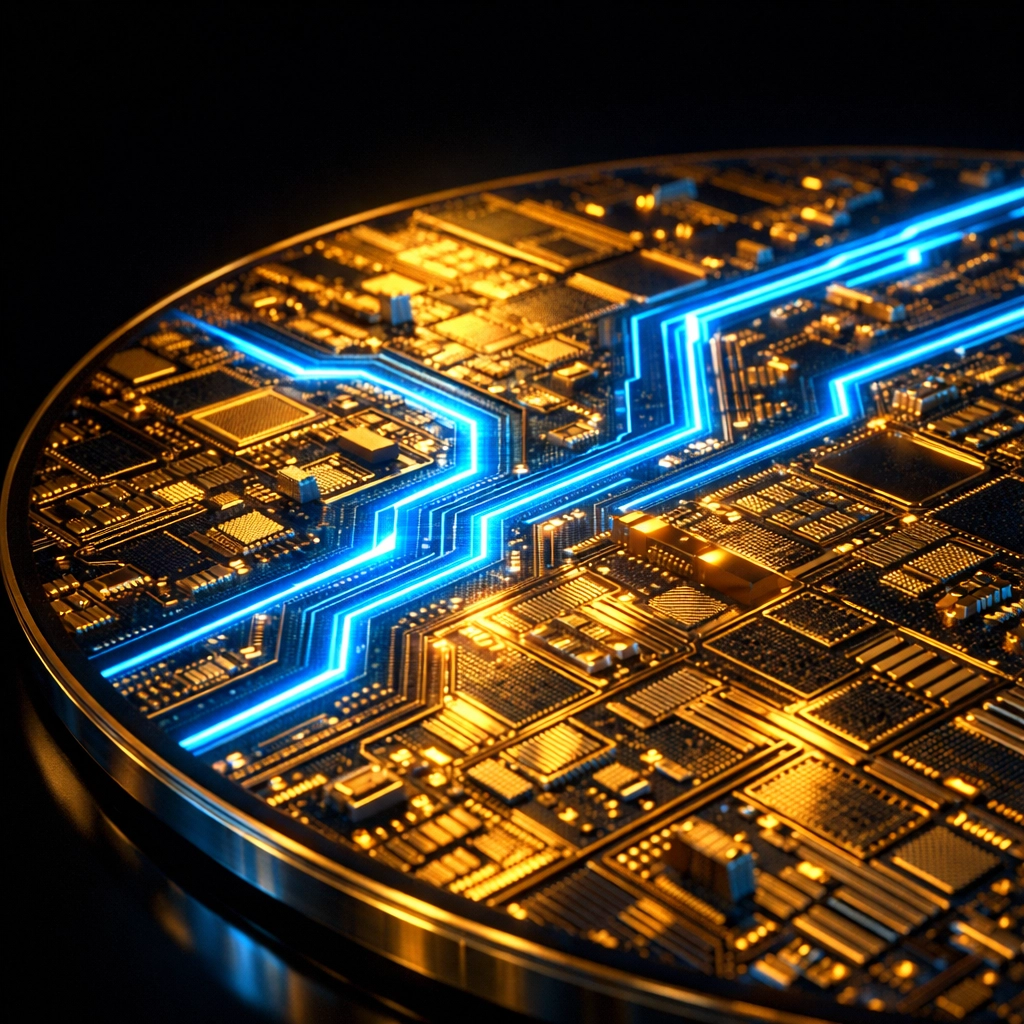 A semiconductor wafer highlighting tech supply chain constraints and impacts on the economy of India.