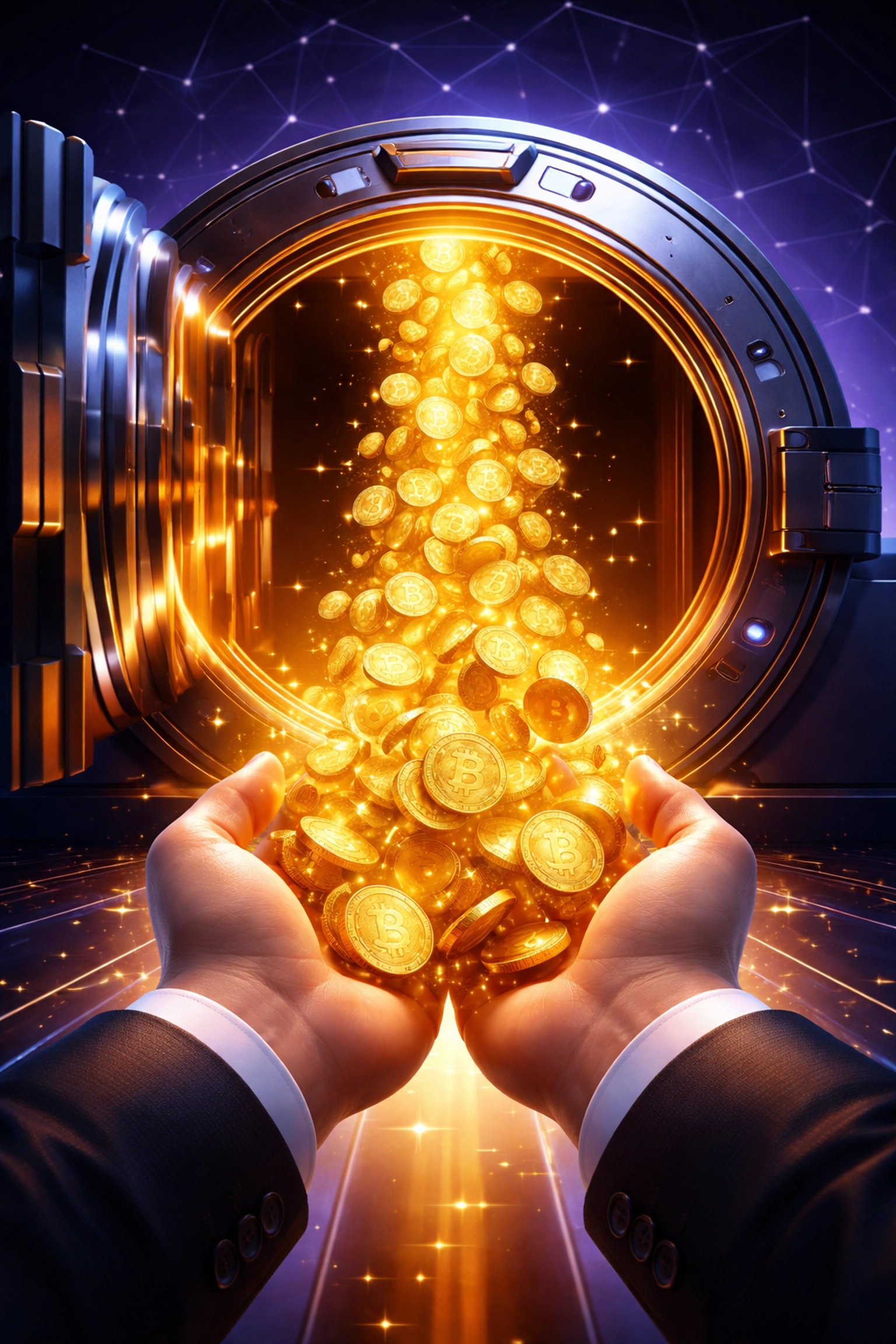 Vault releasing golden coins into a merchant's hands to illustrate Larecoin self-custody and secure crypto payments