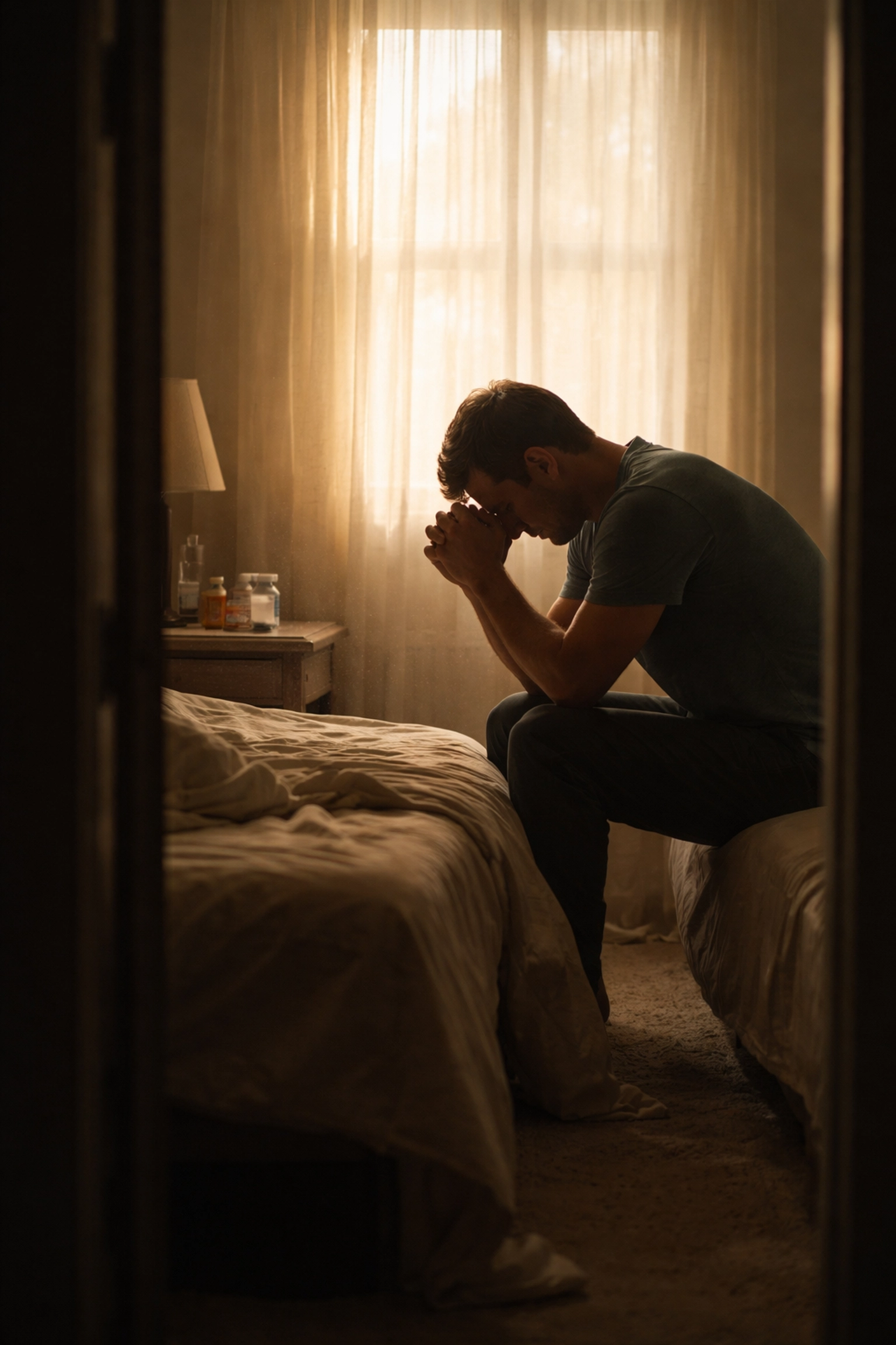 Man alone on bed in morning light, praying beside prescription bottles, showing spiritual struggle after coma