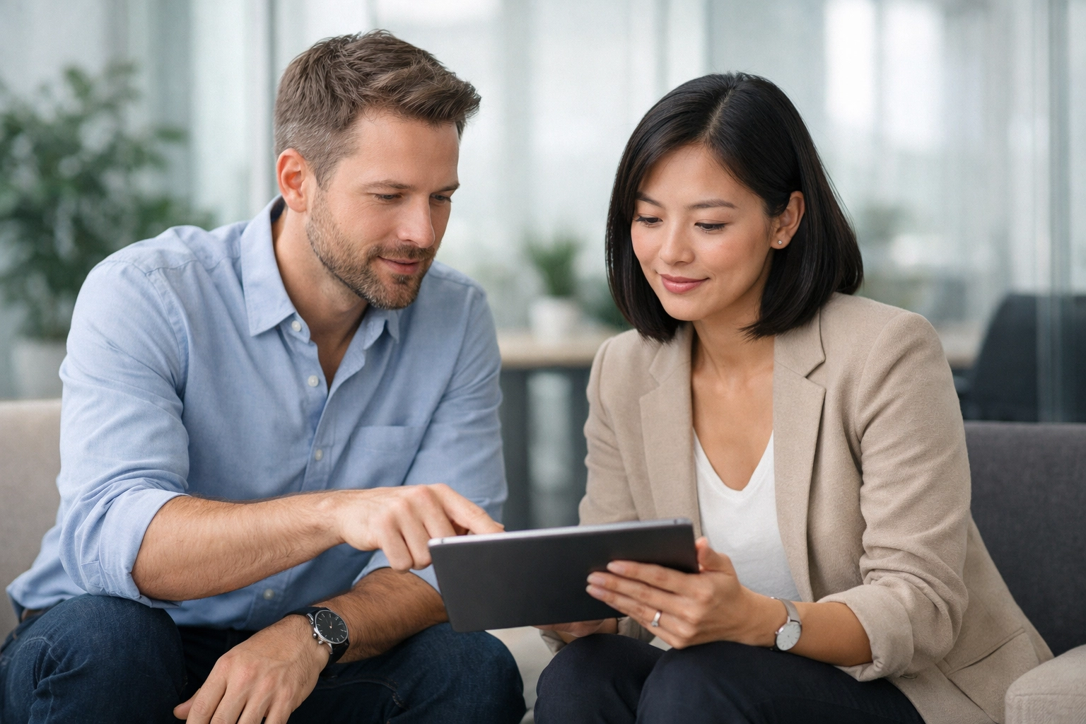 Tax professionals collaborating on a tablet during a sub-office onboarding and software training session.