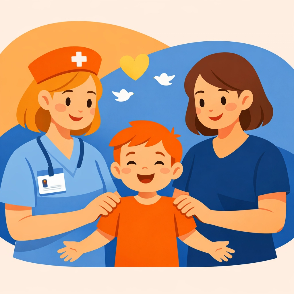 Supportive partnership between a pediatric nurse and parent caring for a medically fragile child.