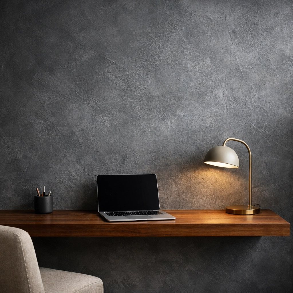 Slate grey microcement feature wall providing a sophisticated artisan finish for a home office sanctuary.