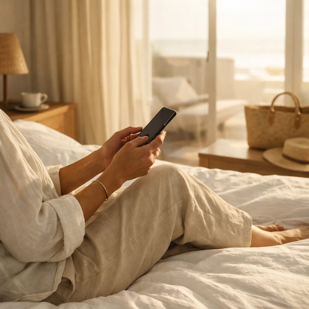 Hotel guest using a smartphone for a seamless direct booking experience in a minimalist room.
