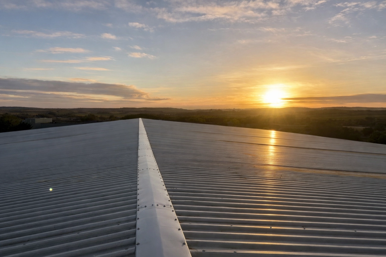 Clean and well-maintained industrial gutters on a large commercial roof, ensuring building protection.