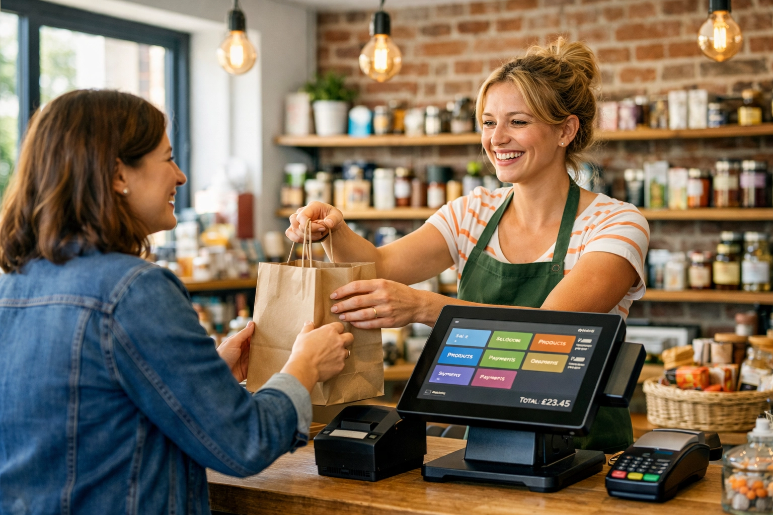 UK independent retailer using EPOS till system while serving customer in shop
