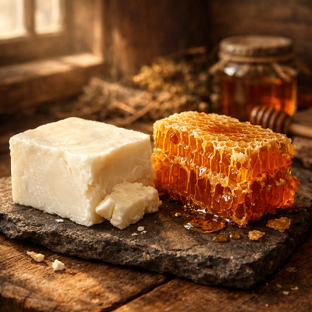 Natural grass-fed beef tallow and raw honeycomb on slate, representing bioavailable ancestral skincare ingredients.