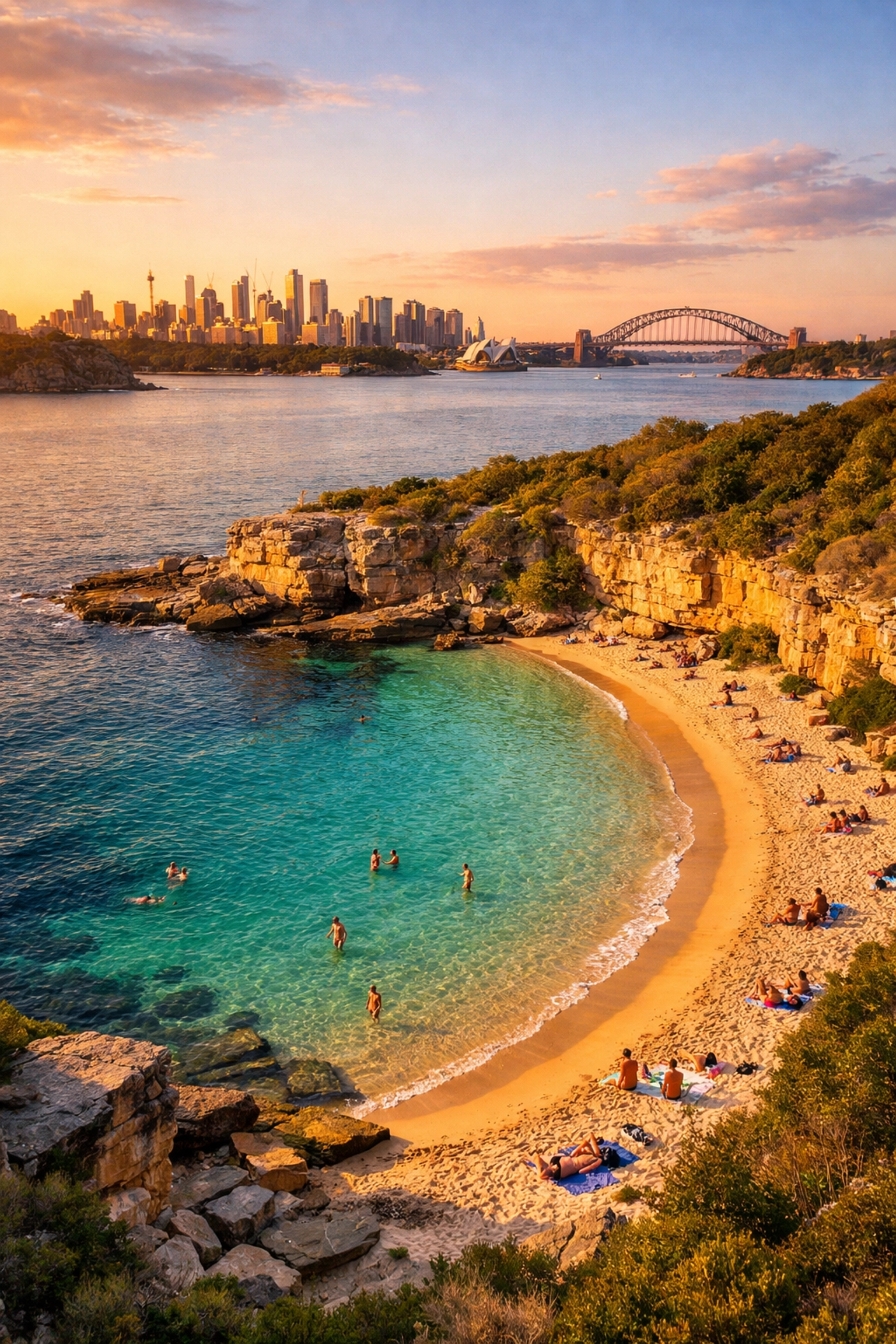 Aerial view of Lady Jane gay nude beach in Sydney with turquoise waters and harbour skyline