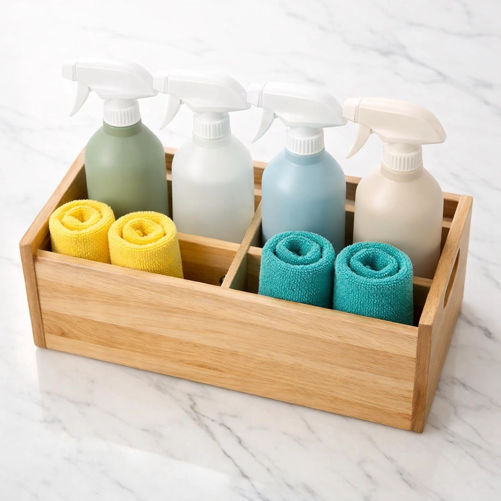 Organized cleaning supplies on a white countertop representing professional house cleaning services in the Cedar Valley.