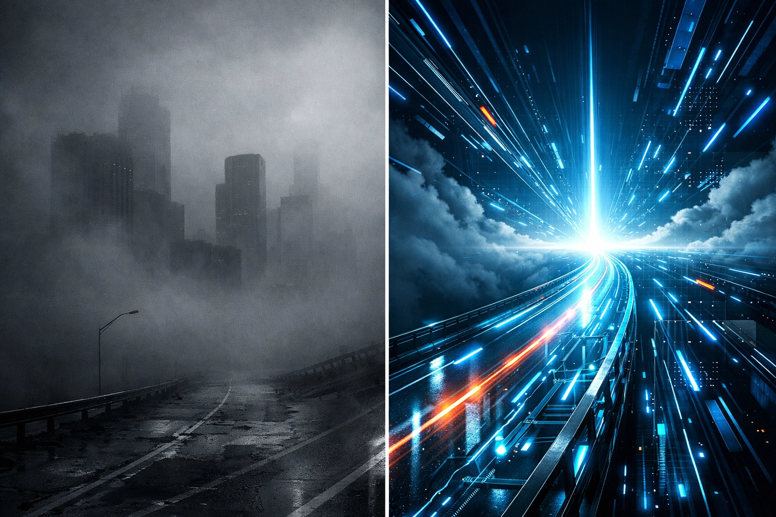 Vergleich zwischen strategischem Blindflug im Nebel und einer klaren KI-Strategie mit Datenströmen.