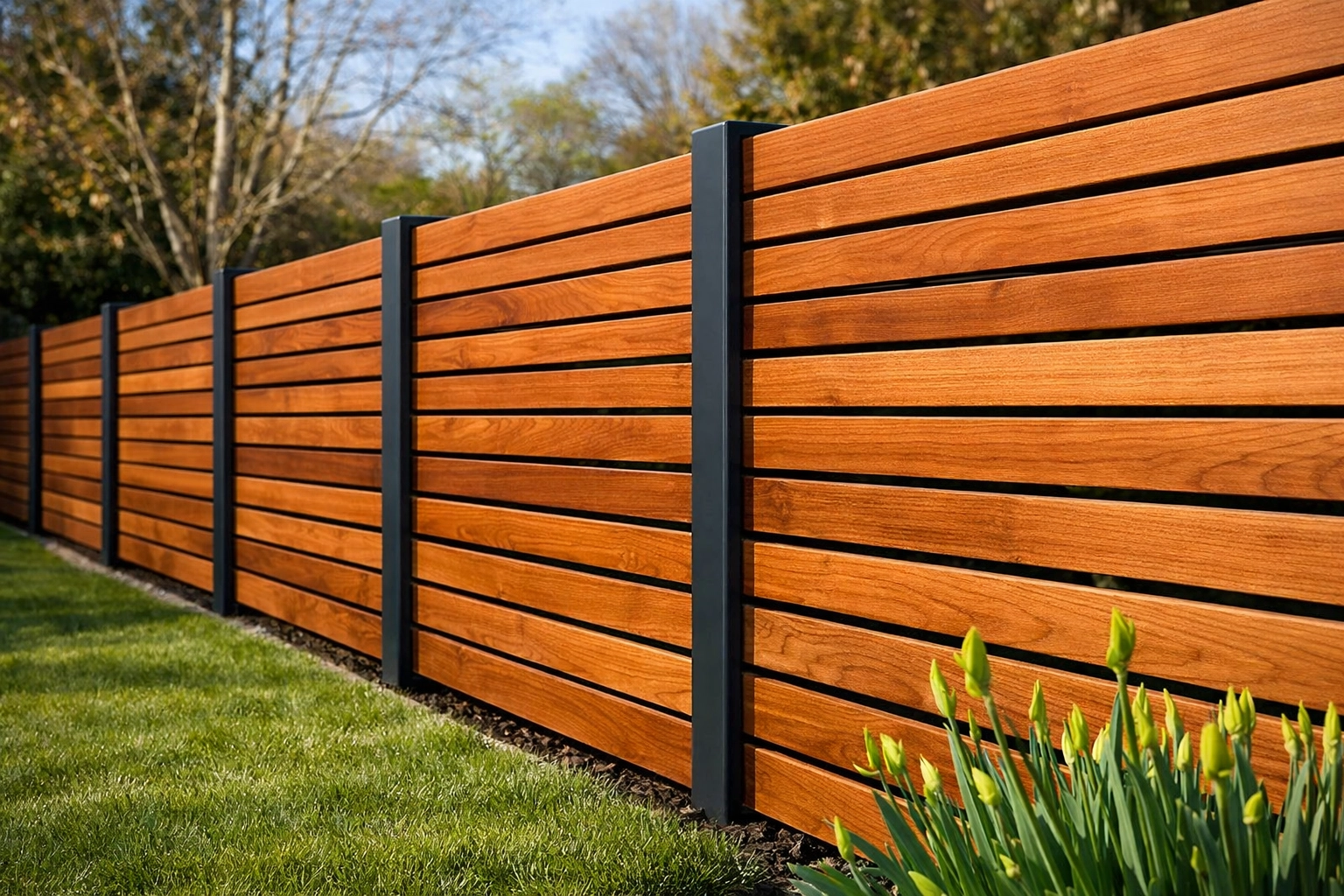 Modern horizontal slatted timber garden fencing in Manchester featuring premium cedar wood and sleek metal posts.