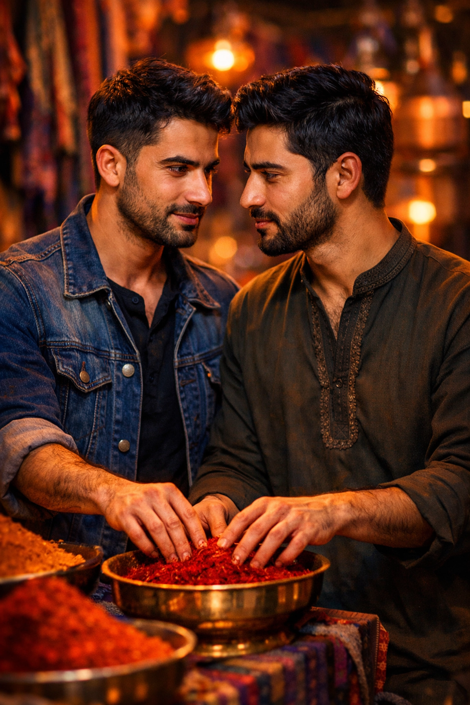Two modern Afghan men sharing a romantic slow-burn moment in a colorful traditional spice market.
