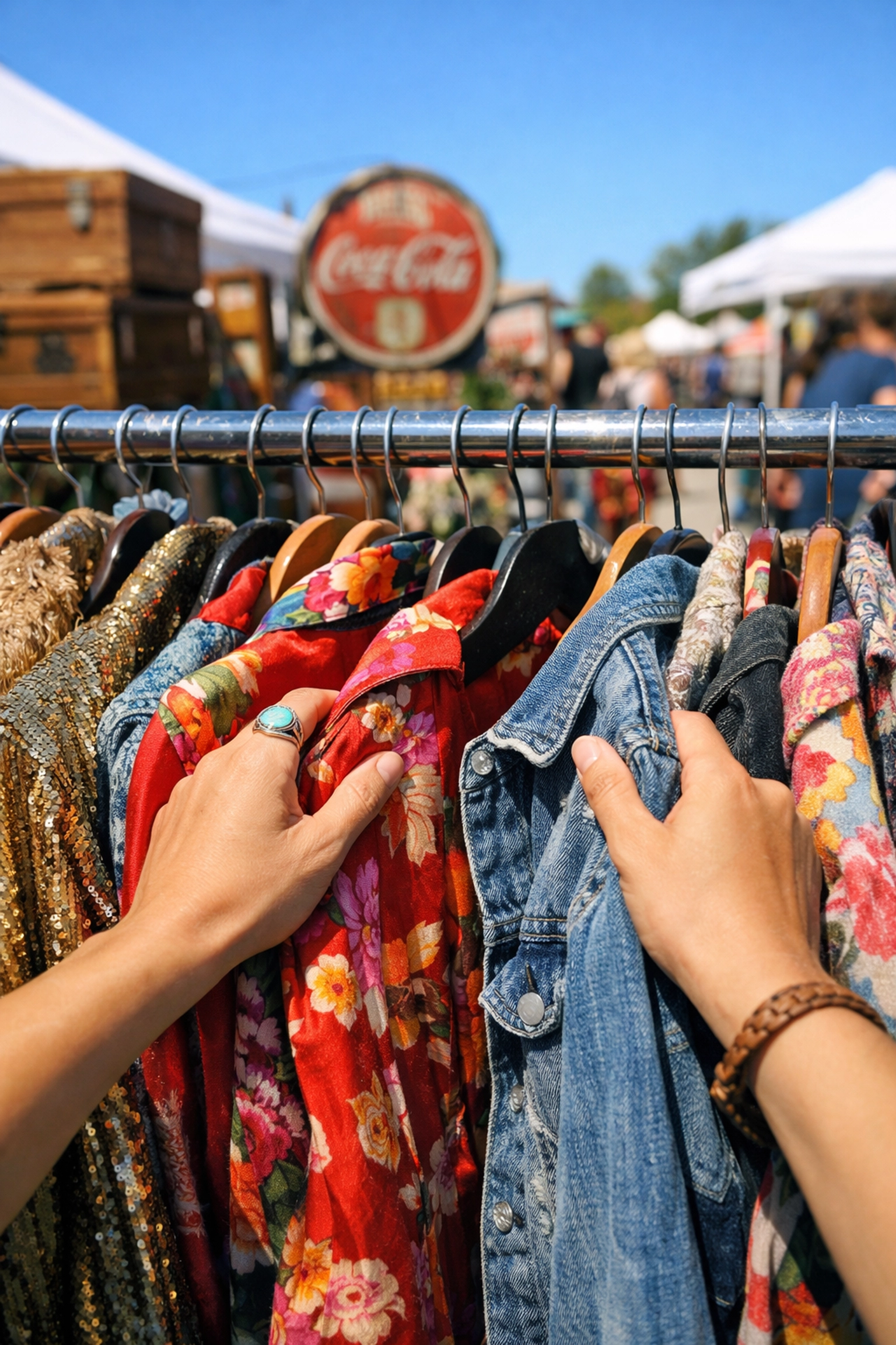 Reseller sourcing vintage clothing at an outdoor flea market to find unique items for profit.