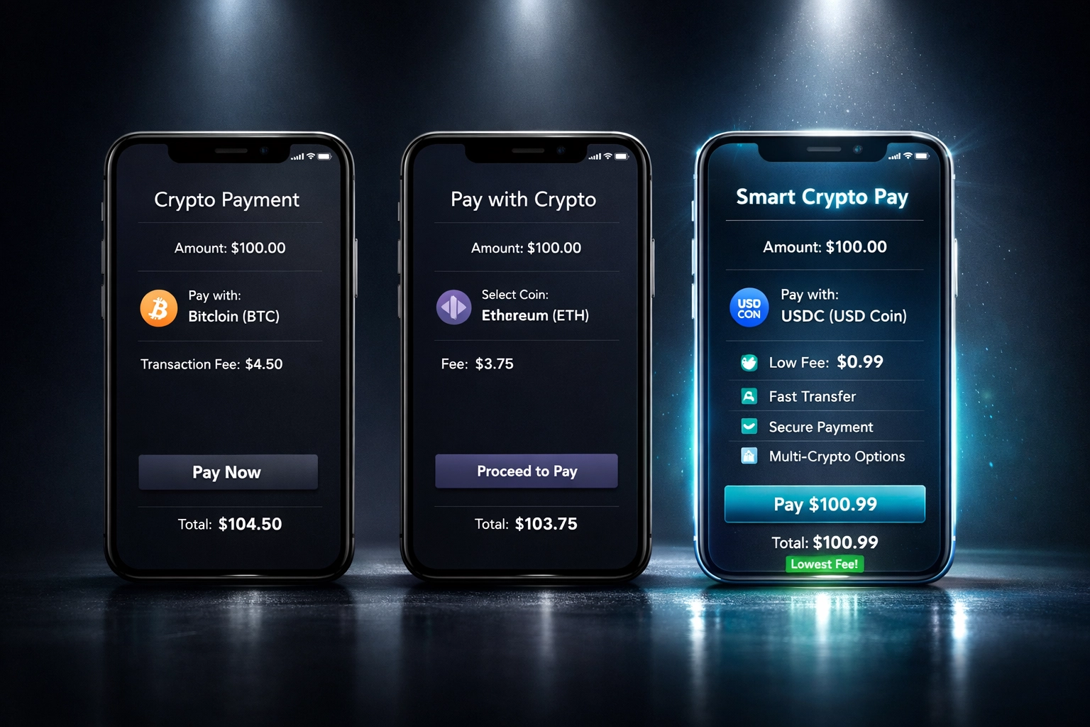 Comparison of crypto payment interfaces showing Web3 global payment features and lower fees