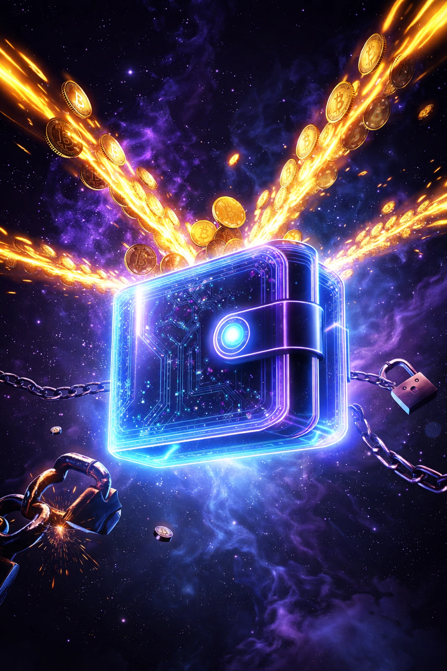 A digital wallet receiving cryptocurrency coins in space, symbolizing Larecoin true self-custody payments and fund control.