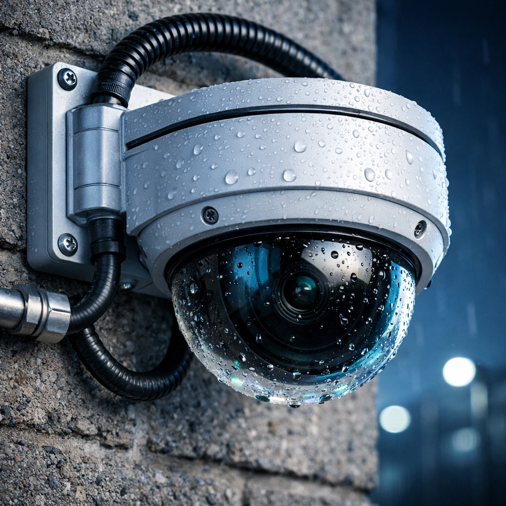 Weatherproof outdoor IP camera installation with professional conduit and cable management