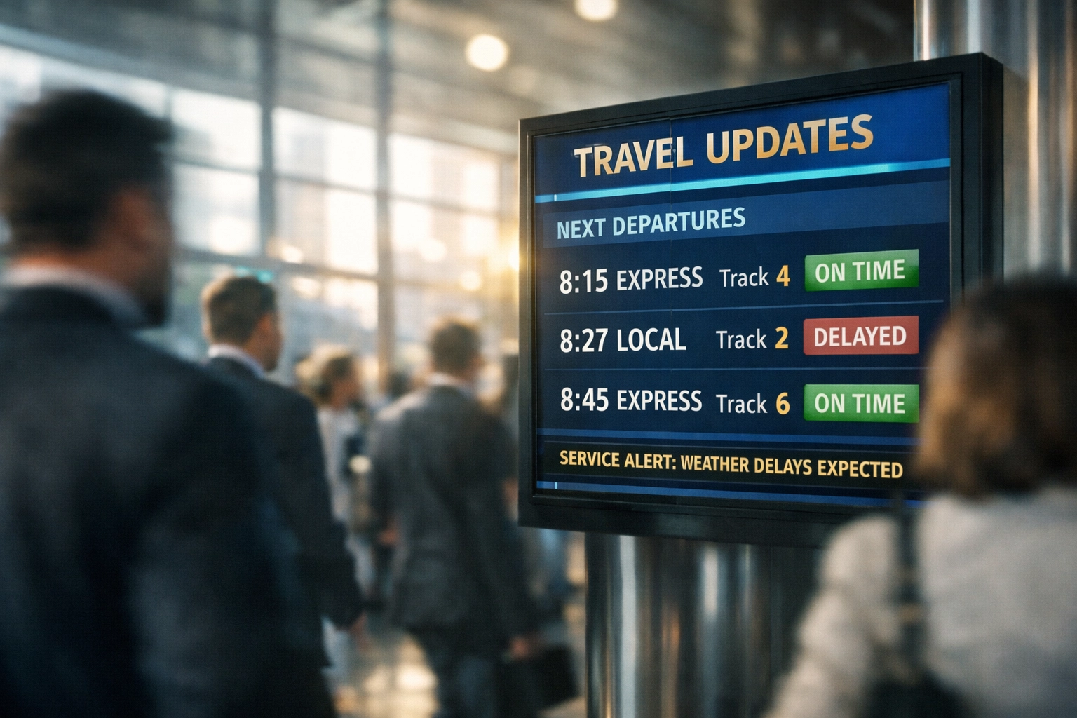 Digital advertising display at transportation hub during morning commute rush hour