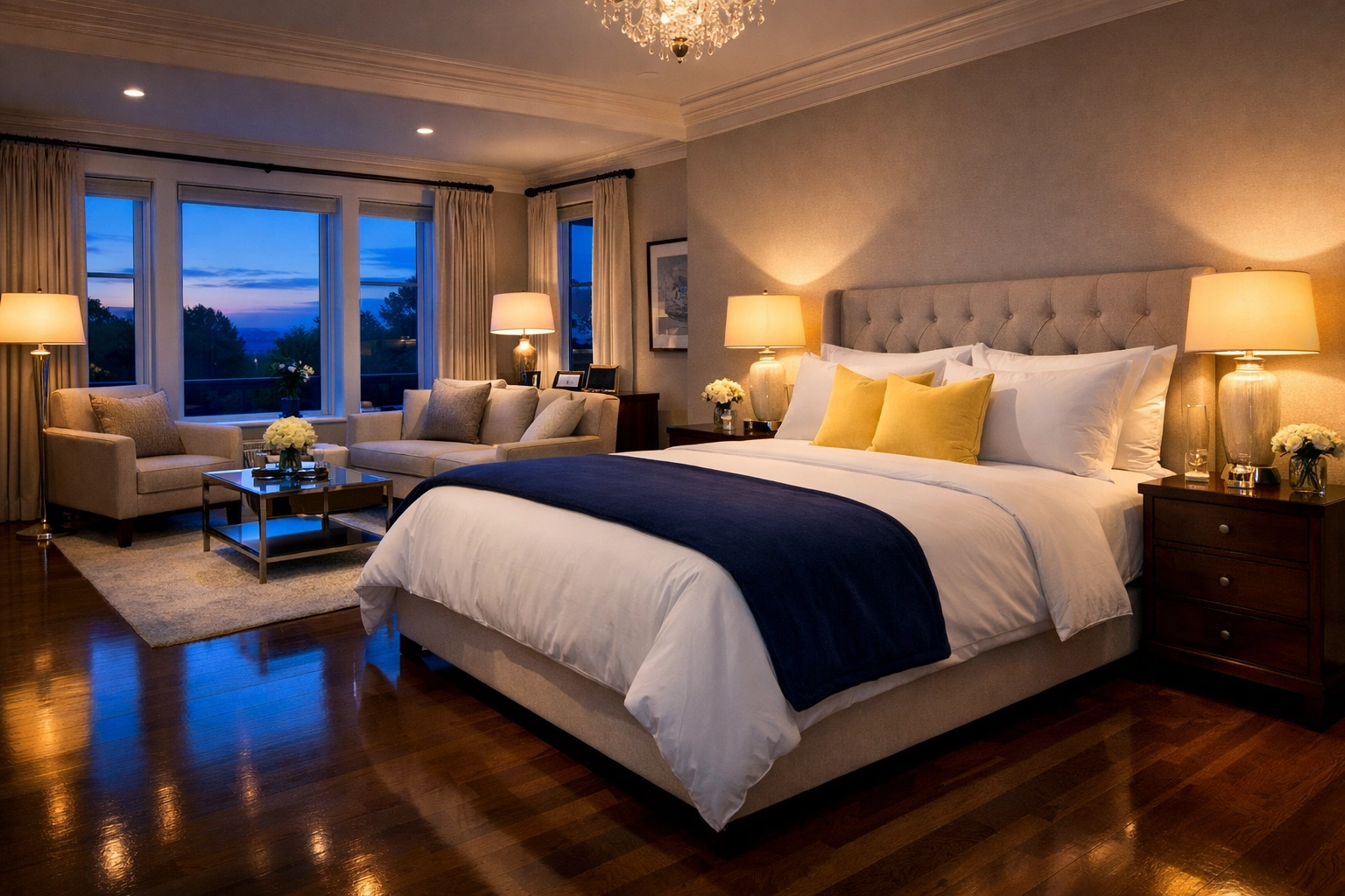 Luxury master bedroom in Wellesley MA showing the results of professional deep cleaning services.