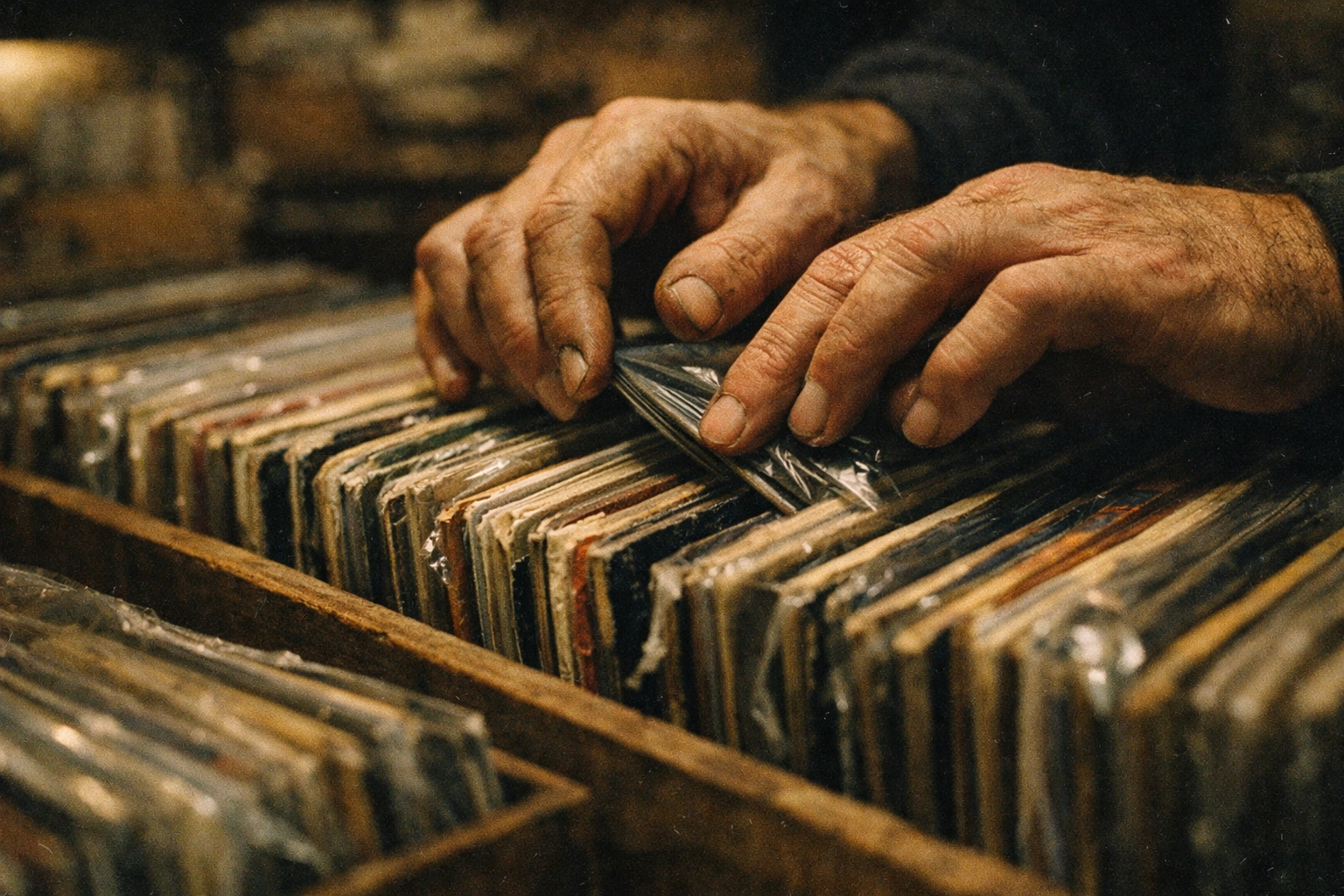 Close-up of a crate digger's hands browsing through a dense bin of vintage vinyl records in a record store.