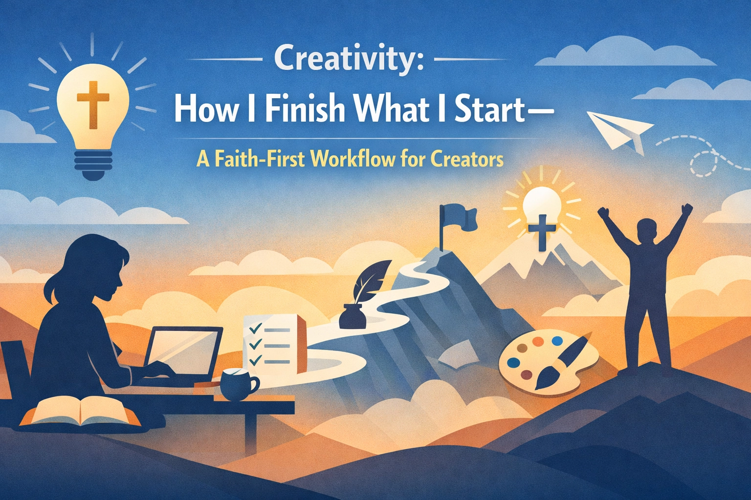 I used to be that person: the one with a dozen half-finished projects collecting dust. A novel stuck at chapter three. A painting with only the background filled in. A song with just the chorus written. I told myself I was "waiting for inspiration" or "not feeling it right now." The truth? I was stuck in a cycle of creating by feelings instead of creating by faith. That changed when I realized something crucial: finishing creative work isn't about waiting for the perfect moment: it's about showing up consistently and inviting God into the process.  Here's the workflow that finally helped me complete what I start.  The Faith-Over-Feelings Reset  For years, I believed the lie that "real" creativity only happens when inspiration strikes. I'd wait for those magical moments when ideas flowed effortlessly, and when they didn't show up, I'd abandon ship. But creativity isn't a lightning bolt: it's a discipline. And like any spiritual discipline, it grows stronger when we practice it consistently, even when we don't feel like it. Before I start any creative session now, I take a simple step: I invite the Holy Spirit into the room.  Sometimes that looks like a quick prayer. Sometimes I trace a small cross on my blank page or canvas. Other times, I just pause and say, "I can't do this alone. Show me what You want me to create today." This one practice breaks through the panic of perfectionism and reminds me that the work doesn't depend entirely on me. I'm partnering with the Creator of the universe. That takes the pressure off and puts the focus where it belongs.  The Core4 Framework That Keeps Me Moving  I structure my creative life around four anchors: what I call the Core4: 1. Connect  – This is where I start every single day. Before I touch a keyboard, pick up a brush, or open a project file, I spend time with God. That might be five minutes of scripture reading or twenty minutes of worship music. The point isn't the length: it's the posture. I'm reminding myself that my creative gifts come from Him and exist to serve His purposes. 2. Clarify  – Every Monday, I write down three goals: one for my creative work, one for my personal life, and one for my business (if applicable). These aren't vague wishes like "work on my book." They're specific and measurable: "Write 1,000 words of Chapter 4" or "Finish background vocals on Track 3." Clarity prevents projects from drifting into the land of "someday." When I know exactly what I'm aiming for, I'm far more likely to hit the target. 3. Create  – This is the non-negotiable part. I block out 30 minutes every day for uninterrupted creative time. Some days it's an hour. Some days it's only 20 minutes because life happens. But I show up. Even when I don't feel inspired. Even when the work feels clunky and rough. The habit of showing up builds momentum.  After a few weeks, my brain starts to expect creative time, and ideas come more easily because I've trained myself to work through resistance instead of giving in to it. 4. Cultivate  – I steward my inspiration. I keep a running list in a Notes app on my phone: every time the Holy Spirit highlights an idea, a lyric, a scene, a color palette, I write it down. On days when I sit down to create and feel stuck, I revisit that list. It's like a garden I've been planting seeds in all along.  How I Actually Finish Projects (Step by Step)  Here's what my process looks like in real time: Step 1: Set a Finish Line 
 I don't start a project without knowing what "done" looks like. If it's a painting, "done" might be "completed and framed." If it's a song, it's "final mix exported and uploaded." Vague goals lead to endless tinkering. Defined goals lead to completion. Step 2: Break It Into Bite-Sized Pieces 
 Big projects feel overwhelming, so I chunk them down. Writing a book? I break it into chapters, then scenes, then daily word counts. Recording an album? I list out each song, then divide tasks: lyrics, melody, arrangement, recording, mixing, mastering. When I only have to focus on one small piece at a time, finishing feels achievable instead of impossible. Step 3: Schedule the Work 
 I literally put "Creative Time" on my calendar like I would a doctor's appointment or a meeting. If it's not scheduled, it won't happen. Life will always offer distractions. Protecting my creative time is an act of faithfulness to the gifts God gave me. Step 4: Work Through the Resistance 
 The middle of every project is the hardest. The initial excitement has worn off, and the finish line still feels far away. This is where most people quit. I've learned to recognize resistance for what it is: a spiritual battle. When I feel like abandoning a project, I pause and pray. I ask God if He's releasing me from this work or if I'm just facing normal creative friction. Nine times out of ten, it's the latter. So I keep going. Step 5: Set a Public Deadline 
 Nothing motivates me like accountability. I tell a friend, post on social media, or commit to a launch date. Once I've made it public, there's healthy pressure to follow through. It's amazing how a little external commitment can push me past internal excuses.  Documenting the Journey (Not Just the Destination)  One of the best habits I've built is keeping a creative journal.  I don't just record finished pieces: I document the process. I write about what I'm learning, what's frustrating me, where I see God showing up in the work. This practice does two things: It helps me track growth.  Looking back, I can see how far I've come, which builds confidence for the next project. It becomes a resource for dry seasons.  When I'm stuck, I flip through old entries and remember what God did before. That fuels my faith to keep moving forward. I also keep a "Studio Dashboard" in a notes app: just a simple document where I track current projects, scripture verses that inspire me, and ideas I want to explore. It keeps everything in one place so I'm not scrambling to remember what I was working on or where I left off.  The Spiritual Reality Behind Creative Work  Here's what I've come to believe: every creative act is an act of faith. When I sit down to write, paint, compose, or build something, I'm declaring that God has put something inside me worth bringing into the world. I'm trusting that the time and energy I invest will produce fruit: even if I can't see it yet. And honestly? That trust doesn't come naturally. I have to choose it daily. Some days I choose it minute by minute. But that's the beauty of a faith-first workflow. It anchors me to something bigger than my own abilities. It reminds me that creative work isn't ultimately about me: it's about pointing others toward the Creator who made us all.  Takeaway / Next Step  If you're tired of starting projects you never finish, here's your action step for this week: Block out 30 minutes of creative time every day for the next seven days.  Put it on your calendar. Set a timer. Show up even if you don't feel inspired. Invite the Holy Spirit into the room before you start. Track what happens. I'm willing to bet that by the end of the week, you'll have made more progress than you did in the last month. Finishing what you start isn't about having more talent or more time. It's about building consistent habits rooted in faith, not feelings. And I believe you can do this. God doesn't waste gifts: He equips the people He calls. If this resonated with you or you want to dive deeper into faith-driven creativity, I'd love for you to reach out to me on the site : visiting helps raise funds for families who lost children at no cost. And if you're looking for a community where faith and life intersect with honest teaching, check out Boundless Online Church  for Christian teachings you can access privately or via sign-up. What creative project are you going to finish this month? I'd love to hear about it: share this post with someone who needs the push to keep creating, and let's build each other up in this journey.