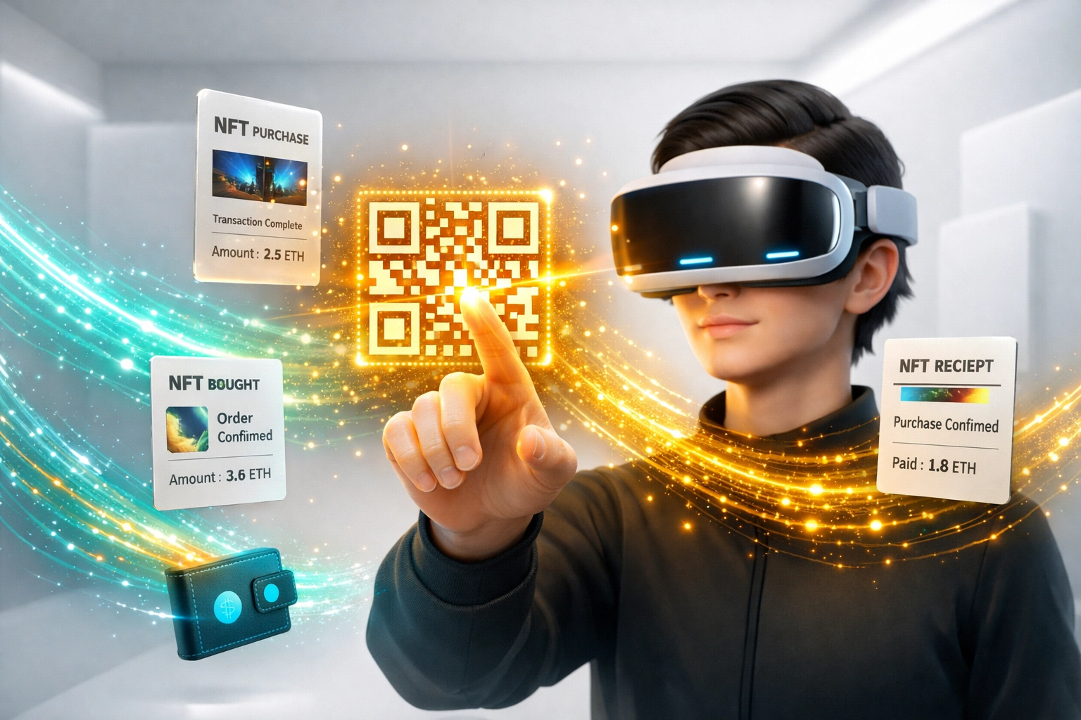 VR shopper using headset to scan QR code for crypto payment with NFT receipt confirmation
