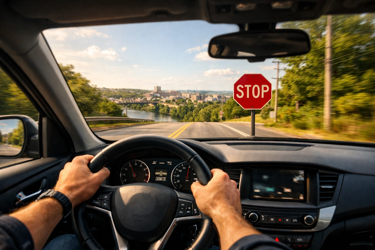 A driver safely stopping at a Youngstown intersection, emphasizing the value of reliable brake repair.