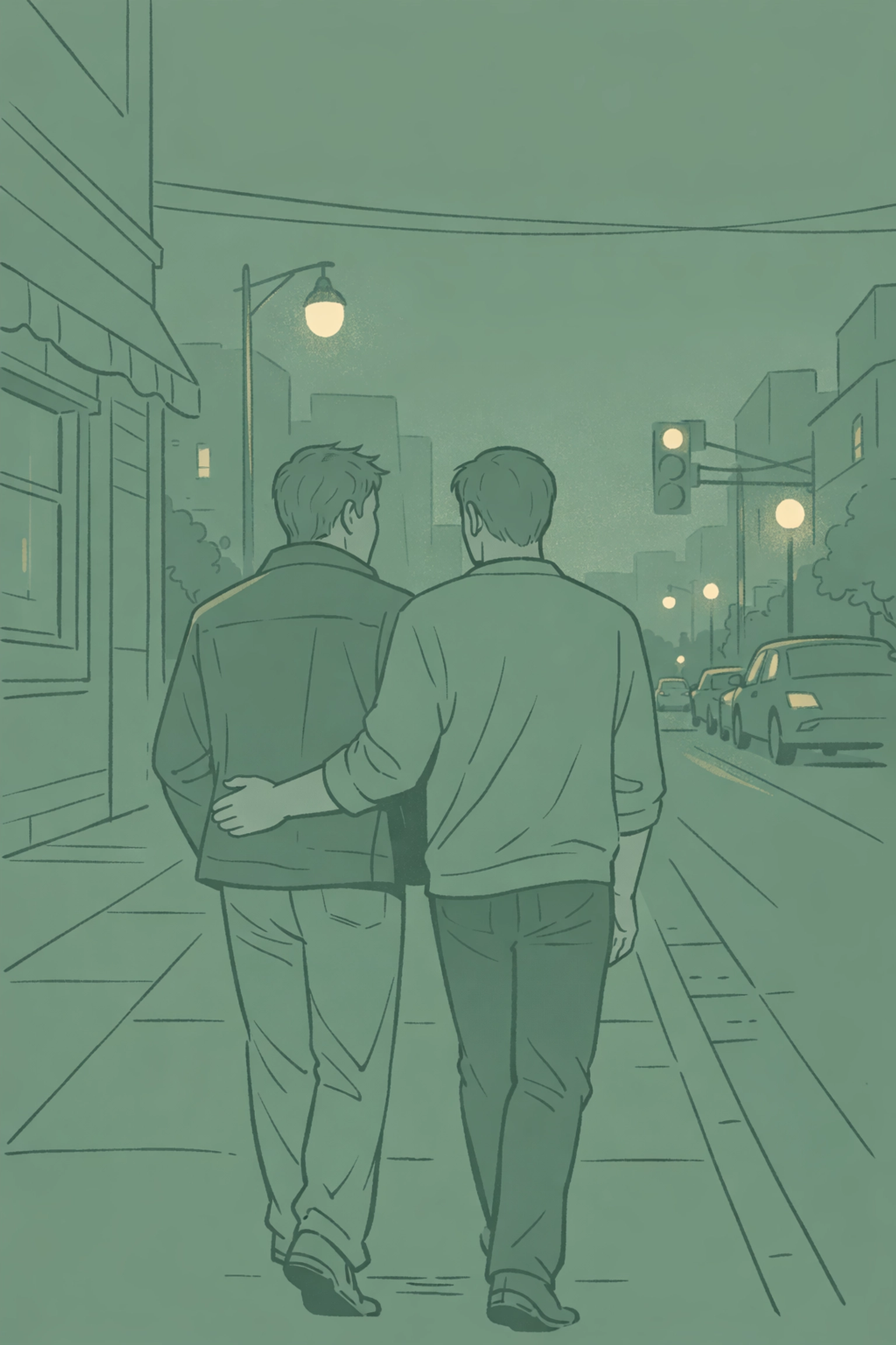 Two men walking together with protective gesture - gay romance illustration of unspoken commitment and care