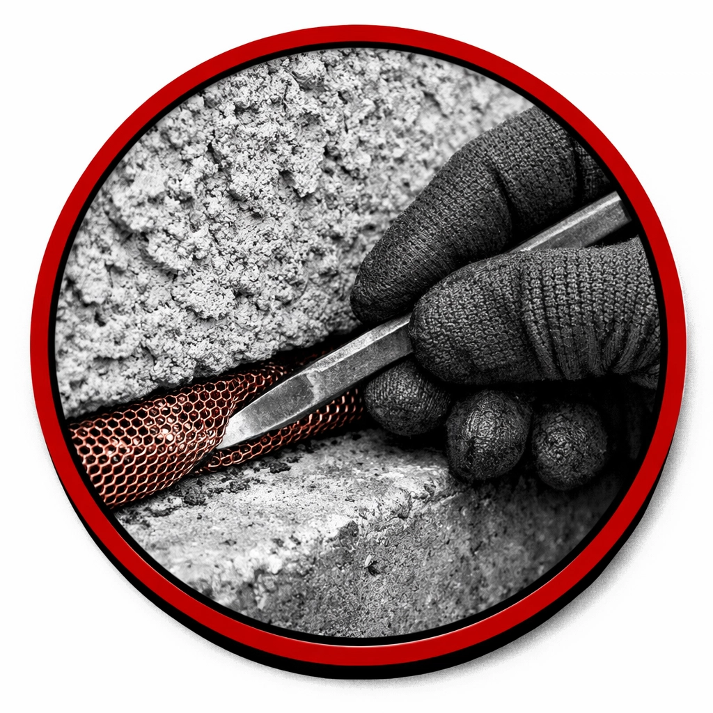 Technician sealing a stucco wall gap with copper mesh for rodent and scorpion exclusion