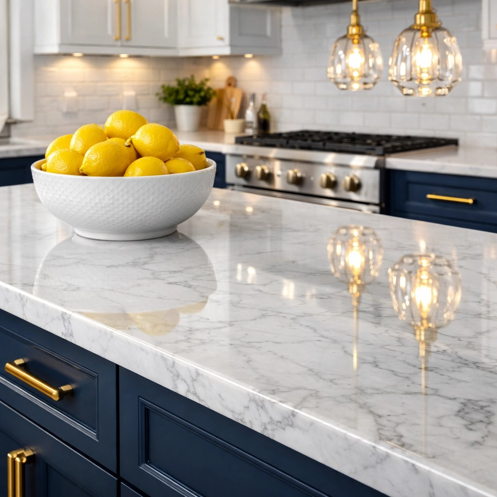 Spotless Cambridge kitchen island after professional post-construction cleaning showing dust-free marble countertops.