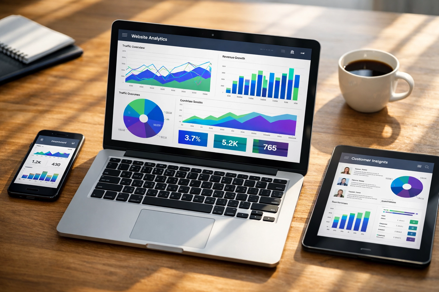 Business analytics dashboard on laptop and mobile devices displaying real-time marketing data and metrics
