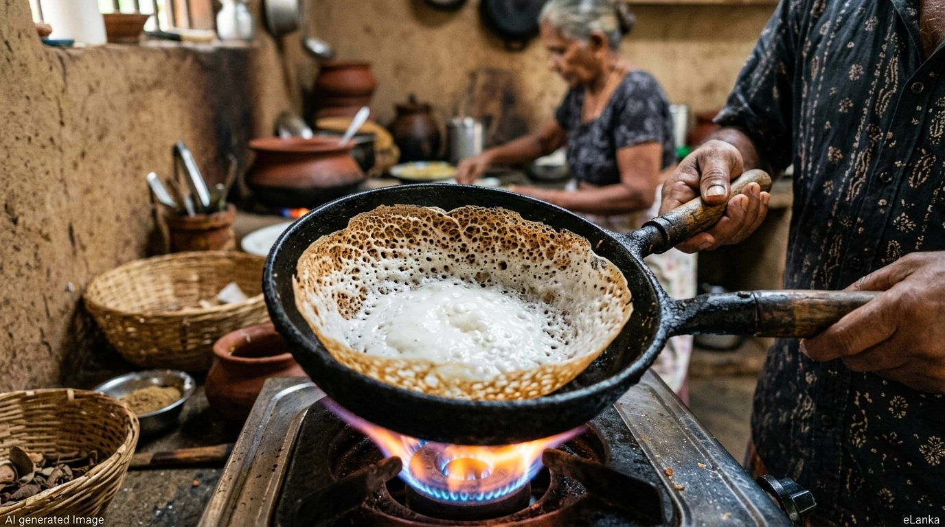 High-quality AI-generated image of a Sri Lankan hopper being prepared in a traditional appachatti, branded with 'AI generated Image' and 'eLanka'.