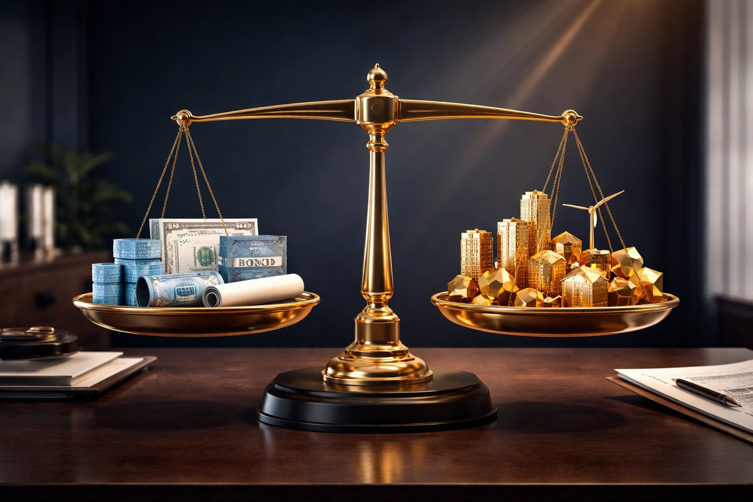 Balanced scale comparing traditional and alternative investments for a diversified 40/30/30 portfolio strategy
