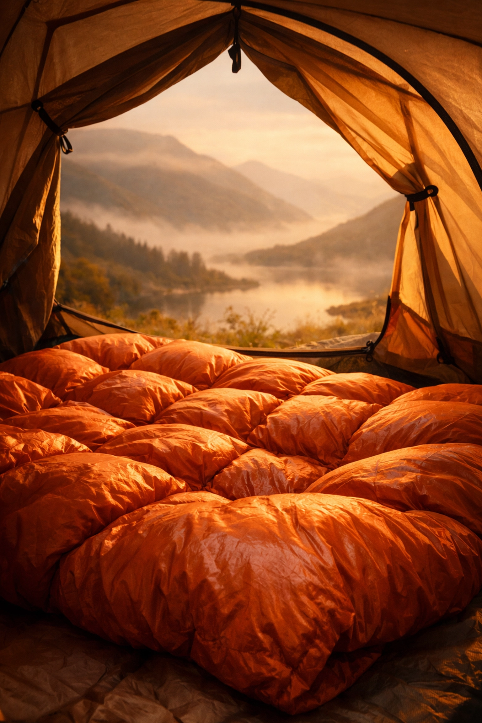 Warm insulated sleeping bag inside a tent overlooking a misty Scottish valley on a wild camping adventure.