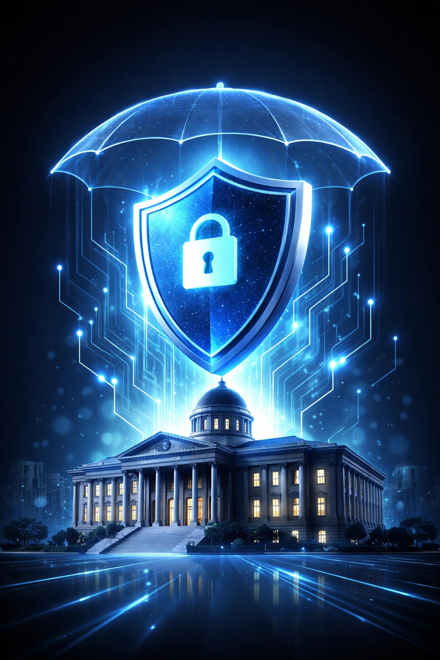 Digital shield protecting a city hall, symbolizing lower cyber insurance premiums for municipalities with strong cybersecurity.